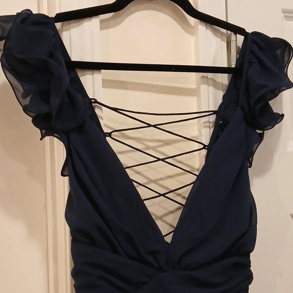 New Lulus Soiree Celebration Navy Blue Ruffled Lace Up Back Maxi Dress Size XL - Picture 5 of 10